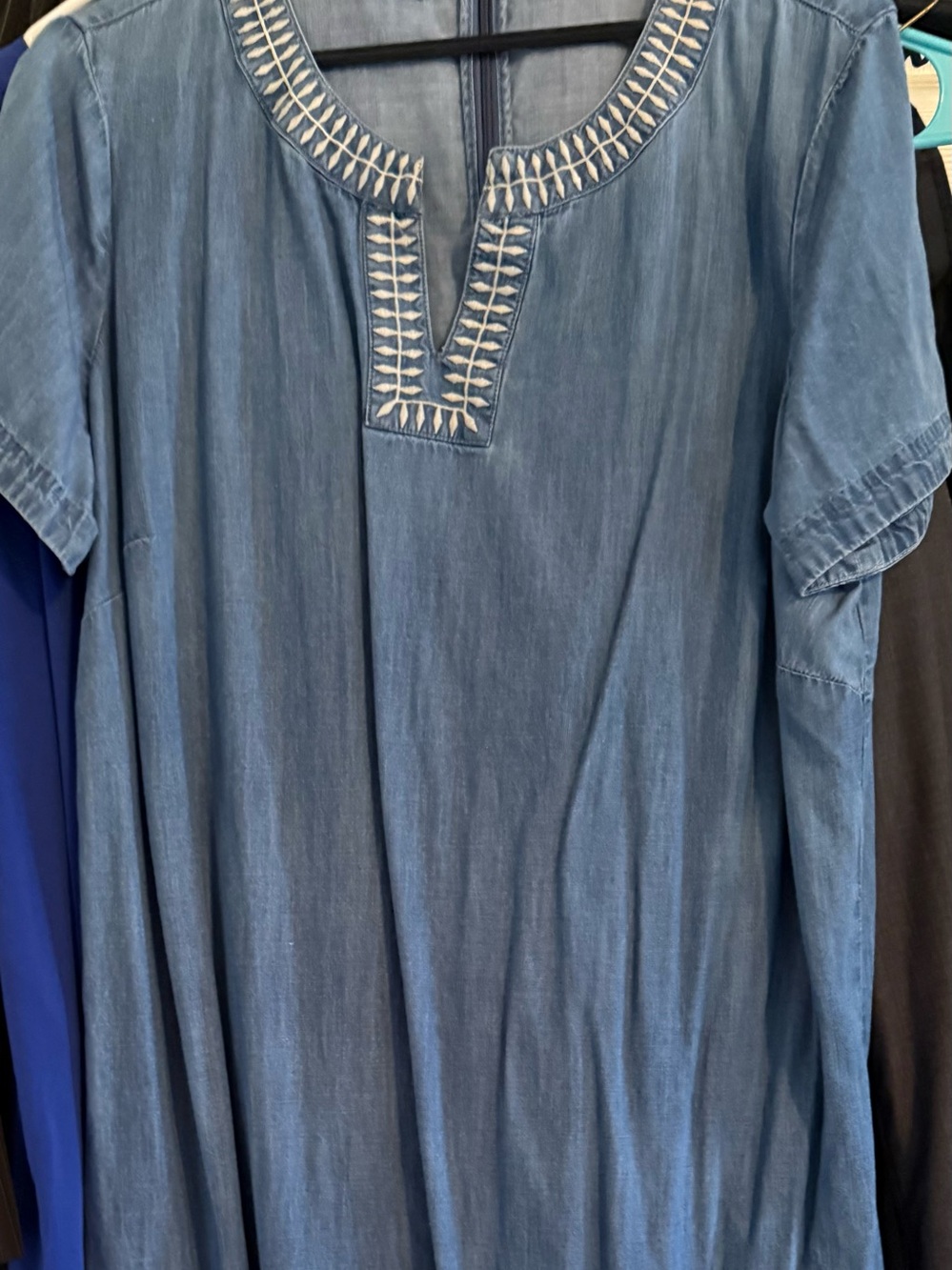 Talbots Blue Chambray Embroidered Neck Tunic